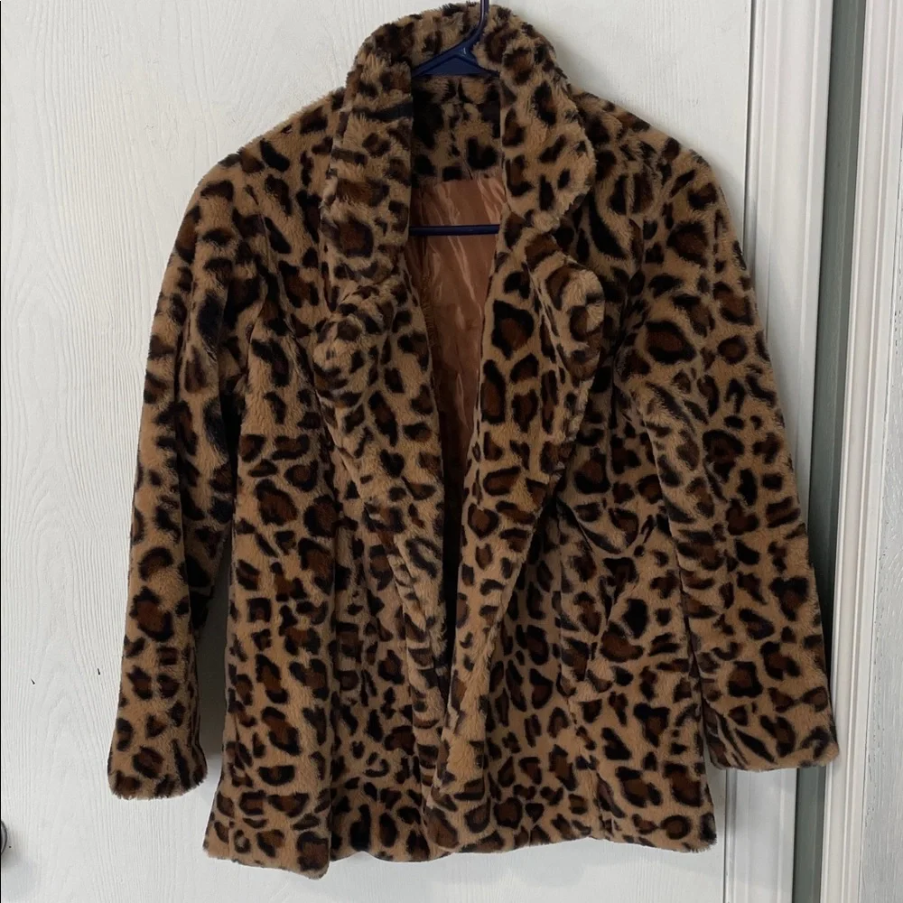 Leopard Print Faux Fur Teddy Coat Cropped Open Front Lined Size Small - Picture 1 of 9